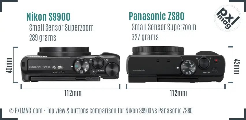 Nikon S9900 vs Panasonic ZS80 top view buttons comparison