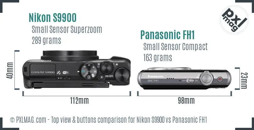 Nikon S9900 vs Panasonic FH1 top view buttons comparison