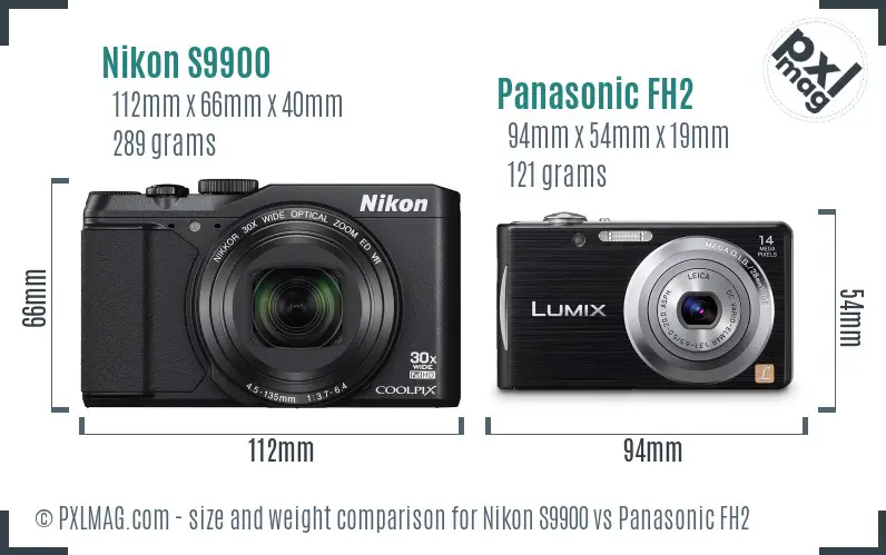 Nikon S9900 vs Panasonic FH2 size comparison