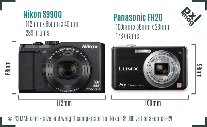 Nikon S9900 vs Panasonic FH20 size comparison