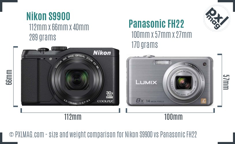 Nikon S9900 vs Panasonic FH22 size comparison