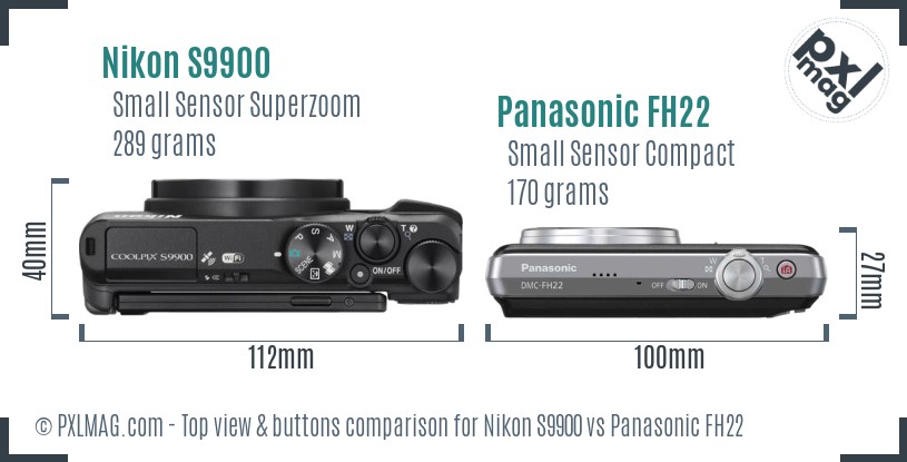 Nikon S9900 vs Panasonic FH22 top view buttons comparison