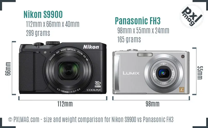 Nikon S9900 vs Panasonic FH3 size comparison