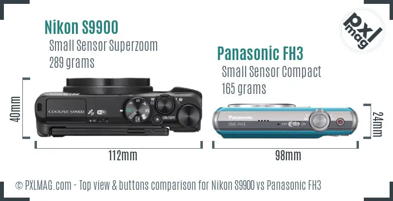 Nikon S9900 vs Panasonic FH3 top view buttons comparison