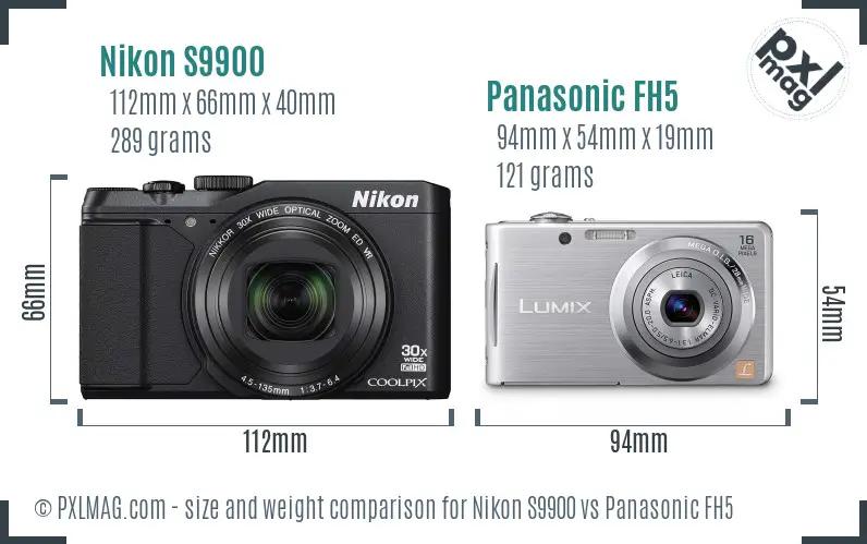 Nikon S9900 vs Panasonic FH5 size comparison