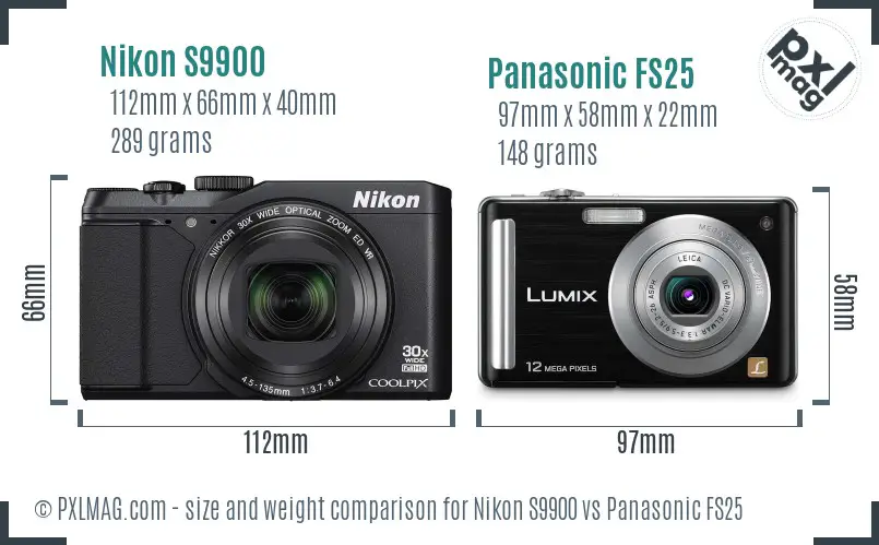 Nikon S9900 vs Panasonic FS25 size comparison