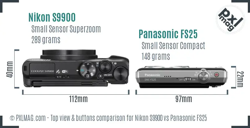 Nikon S9900 vs Panasonic FS25 top view buttons comparison