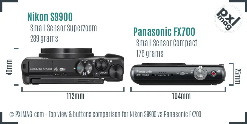 Nikon S9900 vs Panasonic FX700 top view buttons comparison Nikon S9900 vs Panasonic FX700 top view buttons comparison