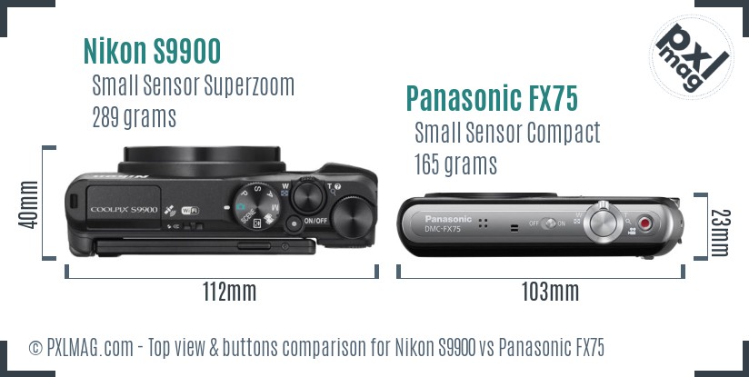 Nikon S9900 vs Panasonic FX75 top view buttons comparison