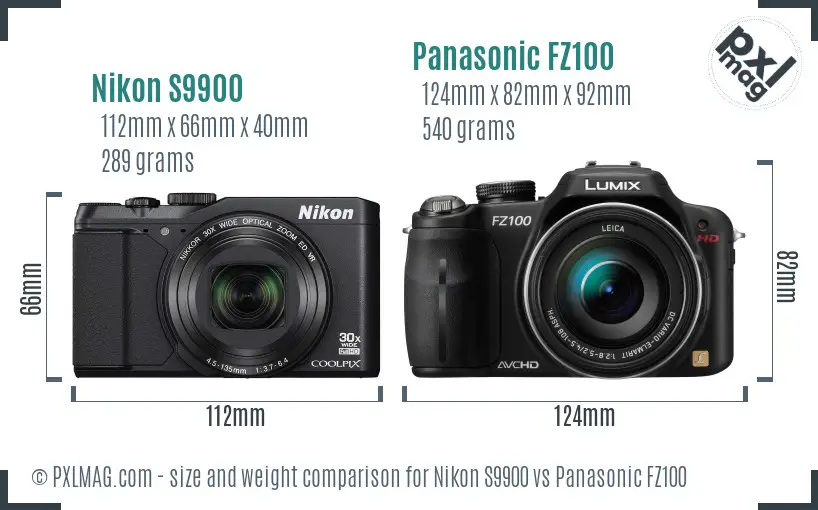 Nikon S9900 vs Panasonic FZ100 size comparison