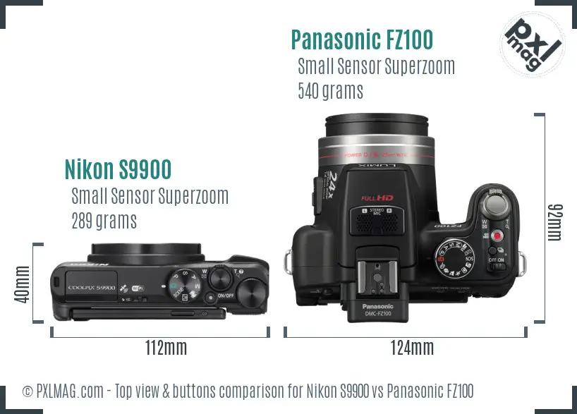 Nikon S9900 vs Panasonic FZ100 top view buttons comparison