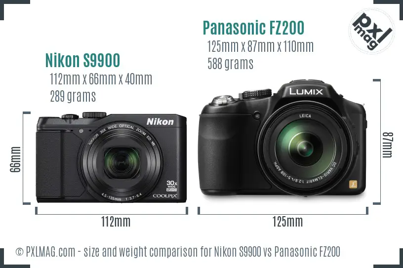 Nikon S9900 vs Panasonic FZ200 size comparison