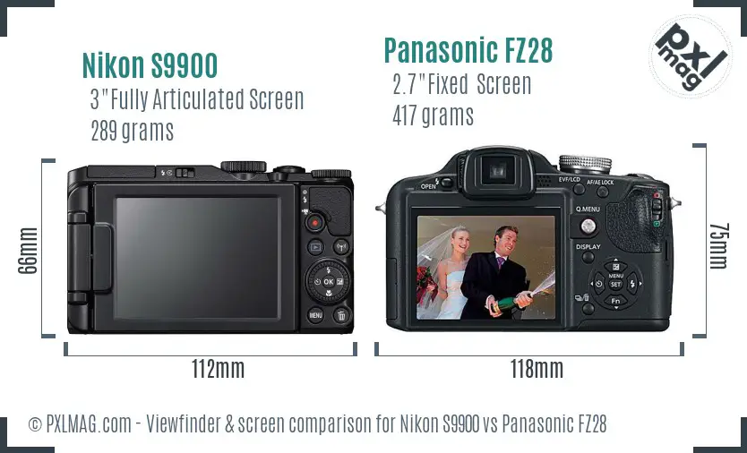Nikon S9900 vs Panasonic FZ28 Screen and Viewfinder comparison