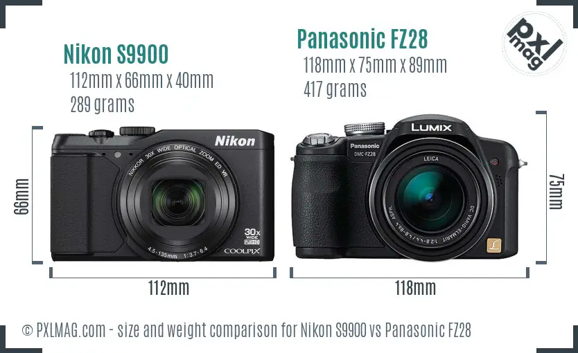 Nikon S9900 vs Panasonic FZ28 size comparison