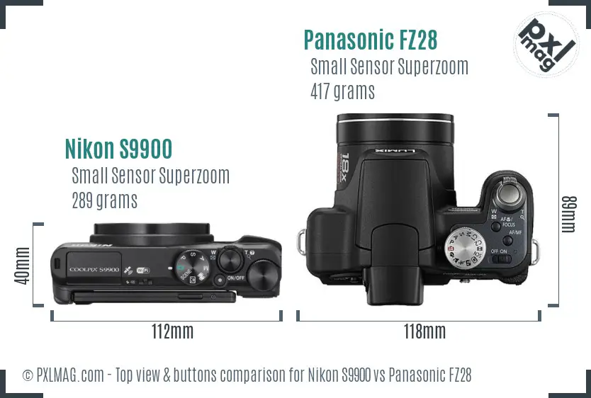 Nikon S9900 vs Panasonic FZ28 top view buttons comparison