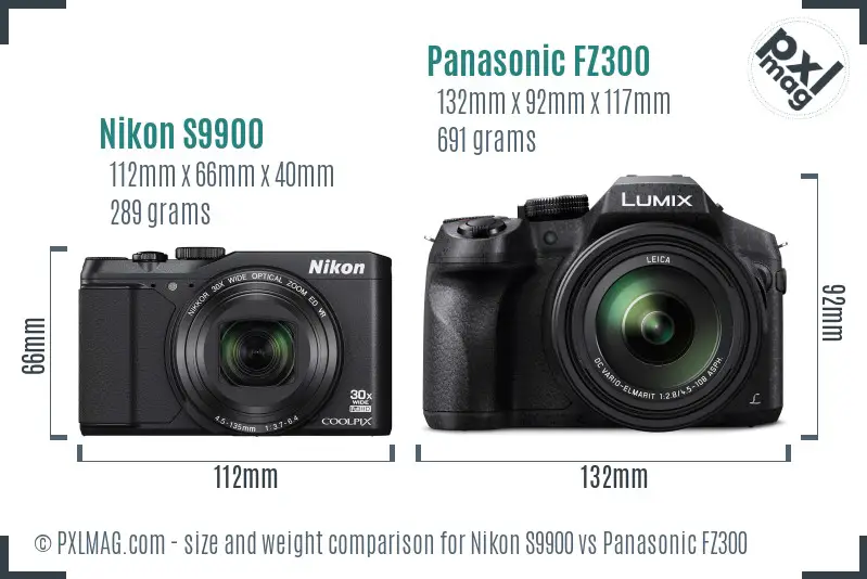 Nikon S9900 vs Panasonic FZ300 size comparison