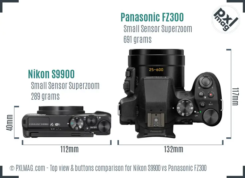 Nikon S9900 vs Panasonic FZ300 top view buttons comparison