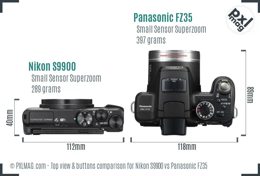 Nikon S9900 vs Panasonic FZ35 top view buttons comparison
