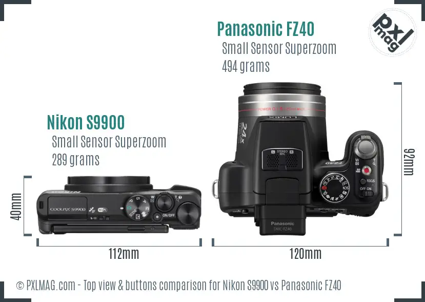 Nikon S9900 vs Panasonic FZ40 top view buttons comparison Nikon S9900 vs Panasonic FZ40 top view buttons comparison