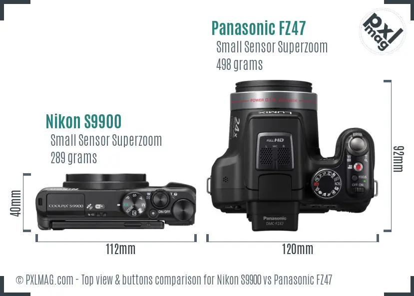 Nikon S9900 vs Panasonic FZ47 top view buttons comparison Nikon S9900 vs Panasonic FZ47 top view buttons comparison