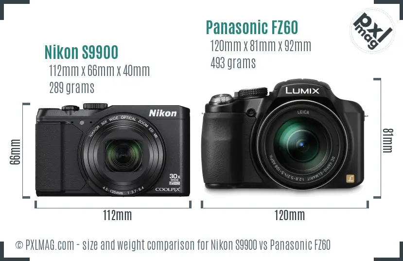 Nikon S9900 vs Panasonic FZ60 size comparison