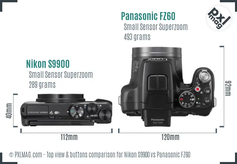 Nikon S9900 vs Panasonic FZ60 top view buttons comparison