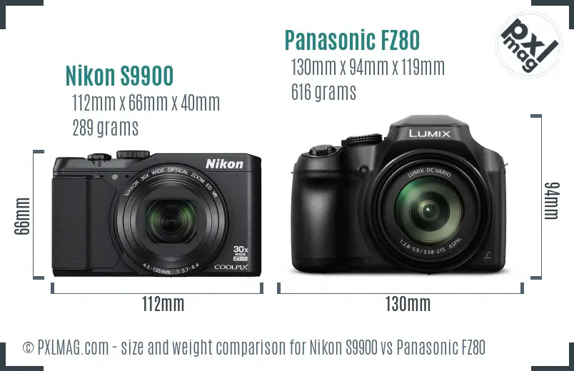 Nikon S9900 vs Panasonic FZ80 size comparison