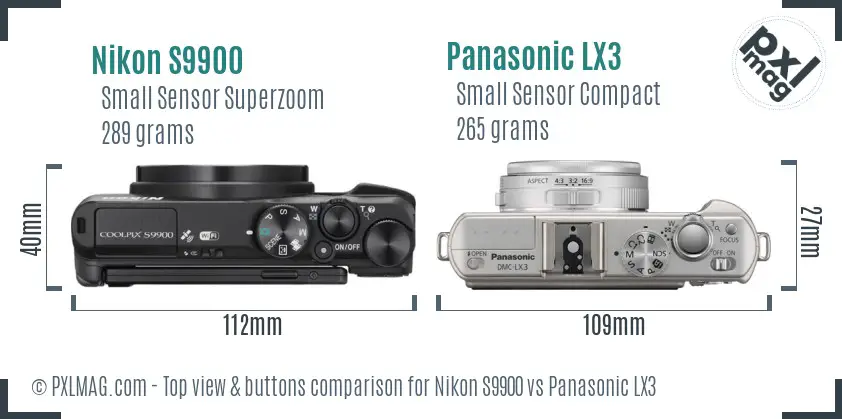 Nikon S9900 vs Panasonic LX3 top view buttons comparison