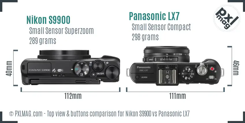 Nikon S9900 vs Panasonic LX7 top view buttons comparison