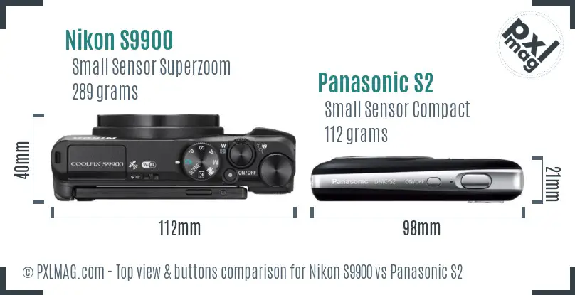 Nikon S9900 vs Panasonic S2 top view buttons comparison Nikon S9900 vs Panasonic S2 top view buttons comparison
