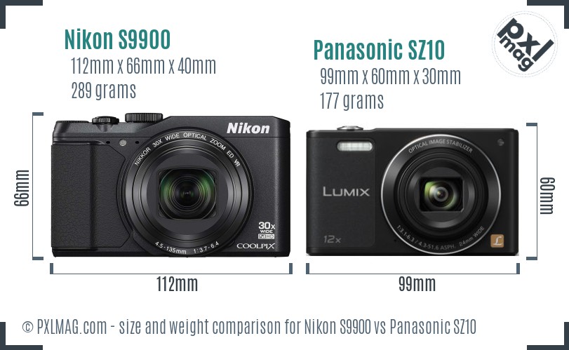 Nikon S9900 vs Panasonic SZ10 size comparison