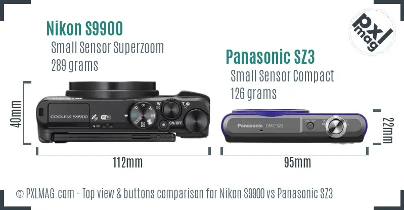 Nikon S9900 vs Panasonic SZ3 top view buttons comparison Nikon S9900 vs Panasonic SZ3 top view buttons comparison