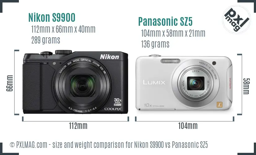 Nikon S9900 vs Panasonic SZ5 size comparison