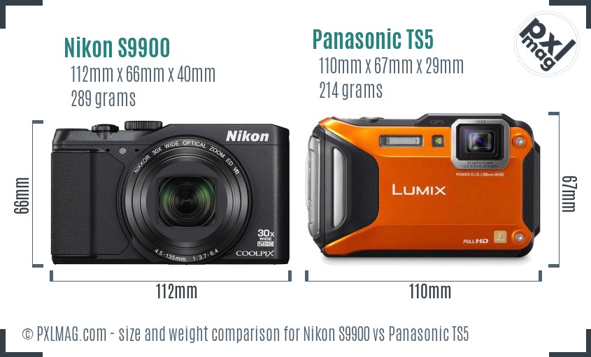 Nikon S9900 vs Panasonic TS5 size comparison