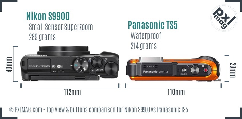Nikon S9900 vs Panasonic TS5 top view buttons comparison