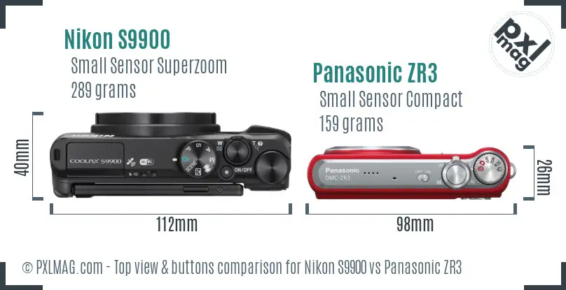 Nikon S9900 vs Panasonic ZR3 top view buttons comparison