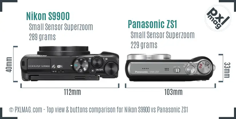 Nikon S9900 vs Panasonic ZS1 top view buttons comparison