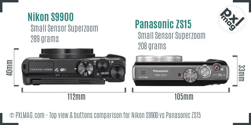 Nikon S9900 vs Panasonic ZS15 top view buttons comparison