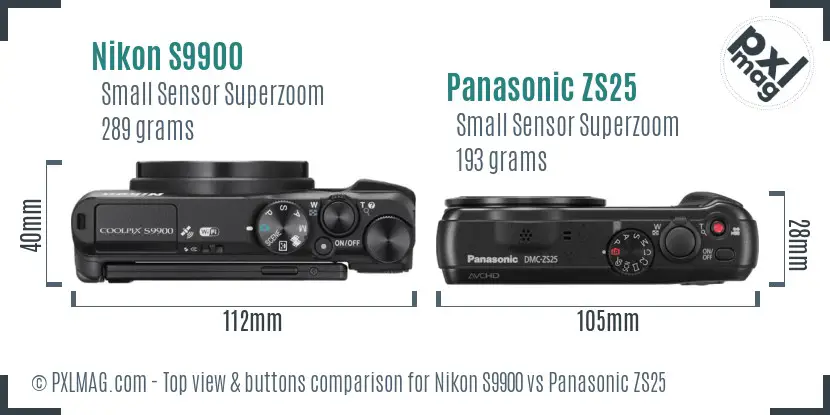 Nikon S9900 vs Panasonic ZS25 top view buttons comparison