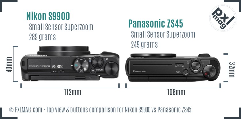 Nikon S9900 vs Panasonic ZS45 top view buttons comparison