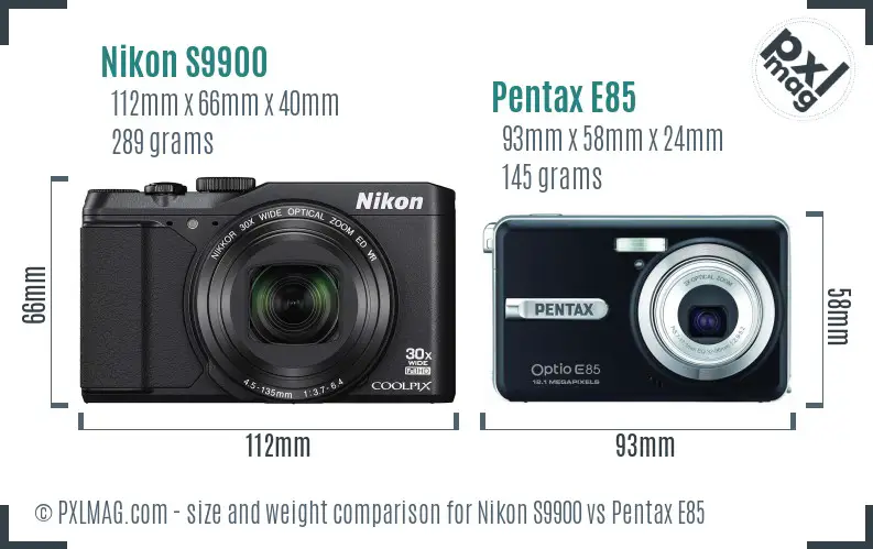 Nikon S9900 vs Pentax E85 size comparison