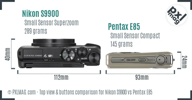 Nikon S9900 vs Pentax E85 top view buttons comparison