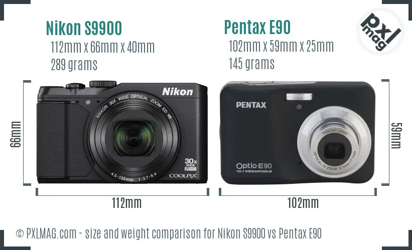 Nikon S9900 vs Pentax E90 size comparison