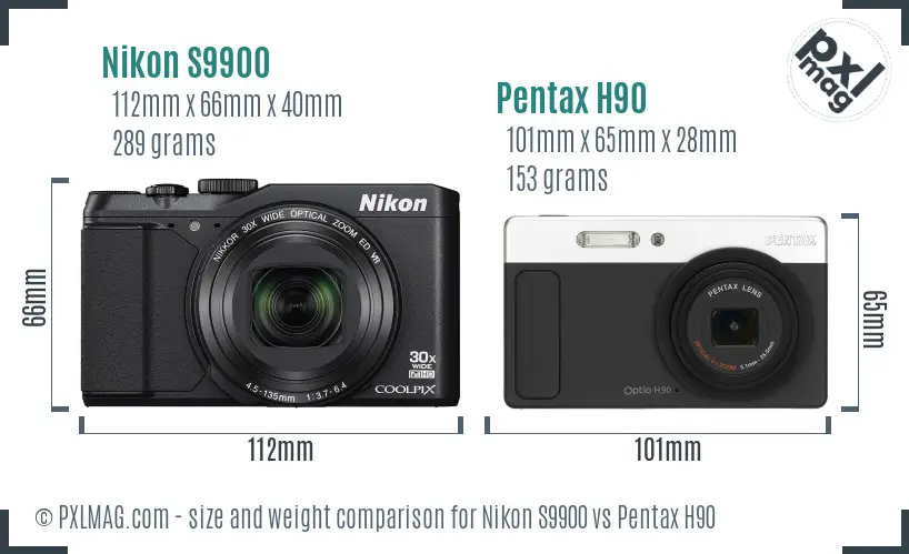 Nikon S9900 vs Pentax H90 size comparison