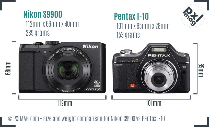 Nikon S9900 vs Pentax I-10 size comparison