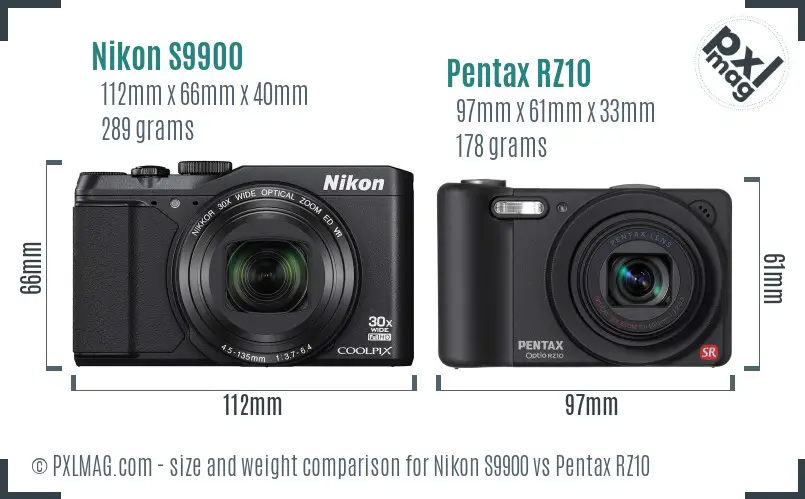 Nikon S9900 vs Pentax RZ10 size comparison