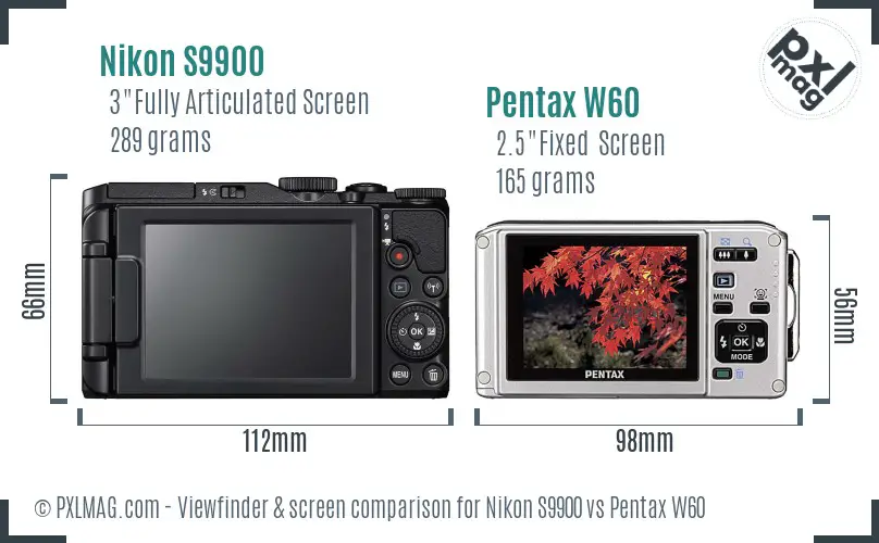 Nikon S9900 vs Pentax W60 Screen and Viewfinder comparison