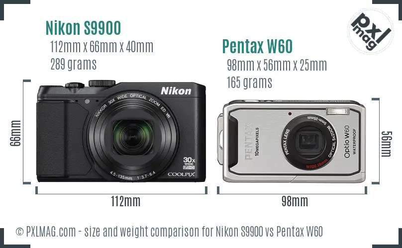 Nikon S9900 vs Pentax W60 size comparison