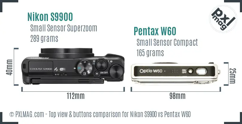 Nikon S9900 vs Pentax W60 top view buttons comparison