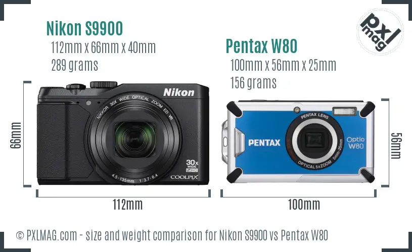 Nikon S9900 vs Pentax W80 size comparison